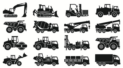 Collection of black and white vector illustrations of various construction and industrial vehicles on a white background. © adobe