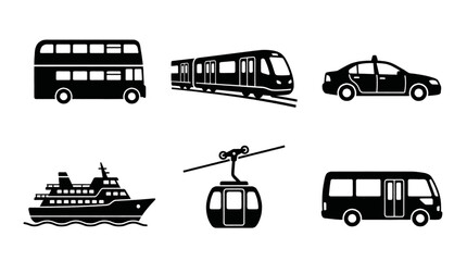 Collection of black and white vector icons representing various modes of transportation including a double-decker bus, train, taxi, ferry, cable car, and minivan. © adobe