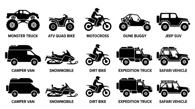 Collection of various off-road and recreational vehicles including monster trucks, ATVs, dirt bikes, dune buggies, and SUVs.