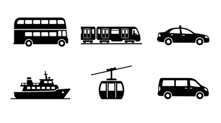 Collection of black silhouette icons representing various modes of public and private transportation. © adobe