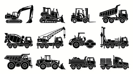 Collection of construction vehicles and heavy machinery icons in silhouette style. © adobe