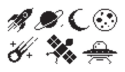 Cosmic pixel art elements including rocket saturn crescent moon ufo and falling meteor star. © VANU