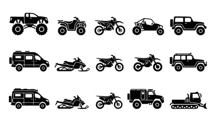 Collection of diverse off-road vehicles and transportation icons including trucks, ATVs, motorcycles, and snowmobiles. © adobe