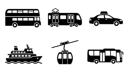 Collection of stylized black icons representing various modes of public transportation and vehicles. © adobe