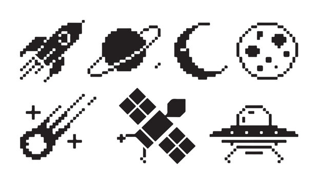 Cosmic pixel art elements including rocket saturn crescent moon ufo and falling meteor star.