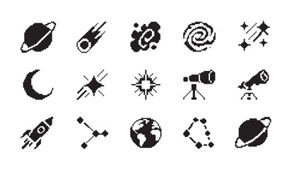 Pixelated space illustrations planet comet galaxy telescope rocket constellation stars. © VANU