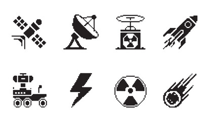 Space exploration equipment set with satellite rover radar and falling meteorite pixel art. © VANU