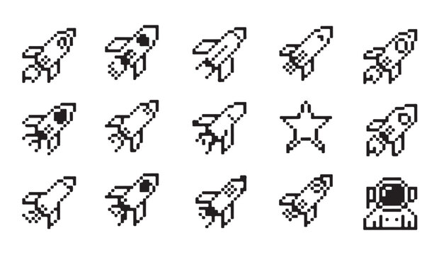 Set of pixel art rocket icons showing different flight angles and star element on white background.