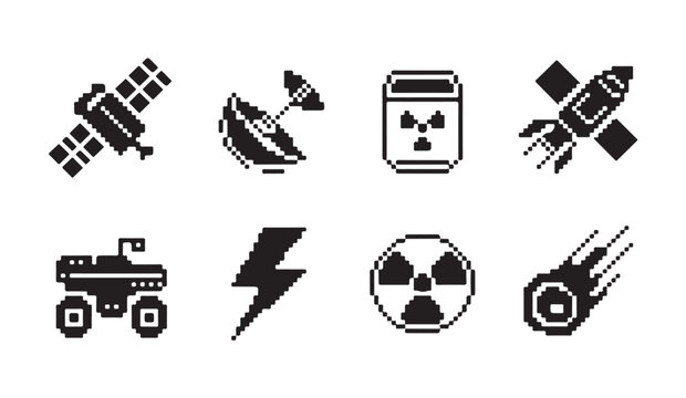Pixel art space icons satellite radar dish nuclear hazard rover lightning comet.