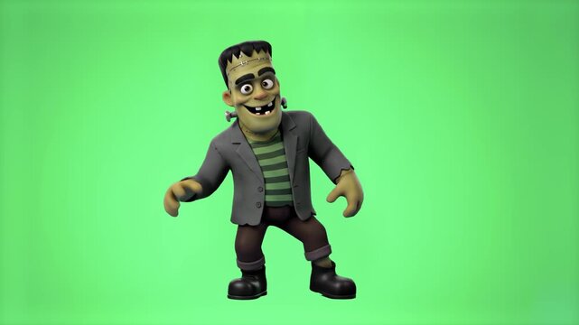 A friendly 3D animated Frankenstein monster character with green skin and a gray jacket dancing happily. The comical Halloween mascot is completely isolated on a chroma key green background.