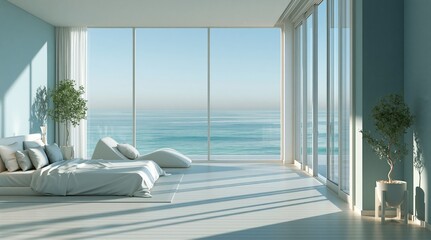 Obraz premium Modern bright bedroom with ocean view and minimalist interior