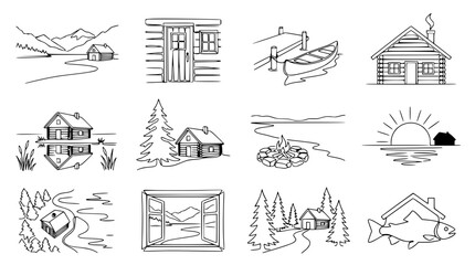 Fototapeta premium Rustic Cabin Life: Hand-Drawn Collection of Nature, Outdoor Activities, and Retreats
