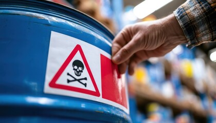Fototapeta premium Hand applying a toxic warning label with a skull and crossbones symbol to a blue industrial chemical drum in a warehouse