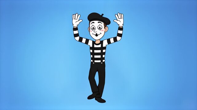 A friendly 2D animated mime character wearing a traditional striped outfit jumps up and down on a solid light blue background. The clean, loopable sequence is optimized for children's entertainment, a