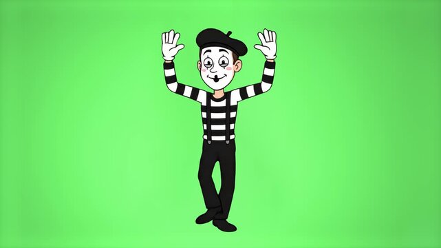 A 2D animated cartoon mime wearing a striped shirt and black beret stands jumping in place with raised hands against a green screen. This funny, loopable character animation is perfect for comedy skit