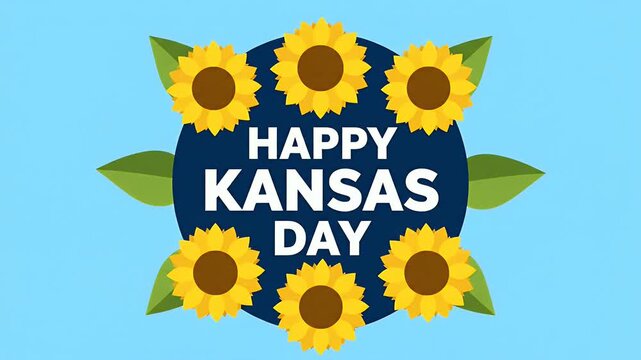 Happy Kansas day celebration graphic with sunflowers and leaves on a blue background animation