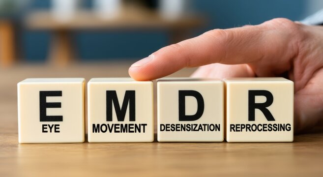 Hand pressing wooden blocks that spell emdr eye movement desensitization and reprocessing on a wooden table