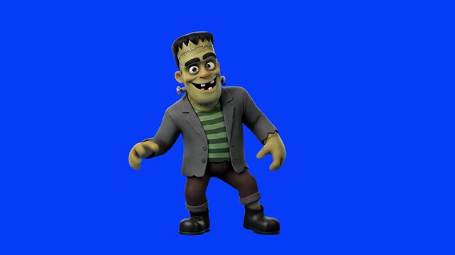 A green 3D animated Frankenstein monster wearing a striped t-shirt and grey jacket dances happily against a solid blue backdrop. This loopable character asset is perfect for lighthearted Halloween con