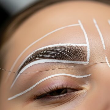 A close-up of a woman's face with white lines drawn on her brow