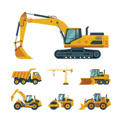 Fototapeta premium Collection of yellow construction vehicles and equipment on white excavator dump truck