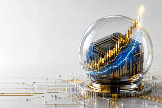 3D tech illustration of a semiconductor microchip and rising financial graphs inside a transparent glass sphere, depicting AI tech bubble and market speculation concept