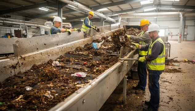 Medium shot of manure feedstock reception line showing manual contamination removal and inspection process before organic waste is processed.