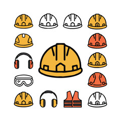 Fototapeta premium Colorful construction safety equipment icons arranged around a central hard hat Keywords: hard