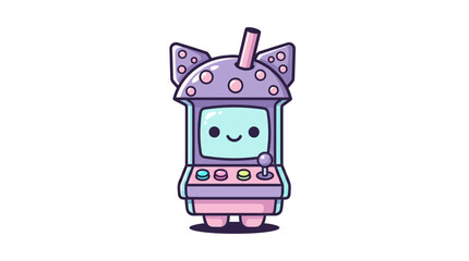 Kawaii Arcade Machine Character with Cat Ears, Pastel Colors, Cute Retro Gaming Icon © Free vector