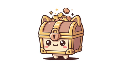 Cute Treasure Chest Character with Gold Coins, Kawaii Style © Free vector
