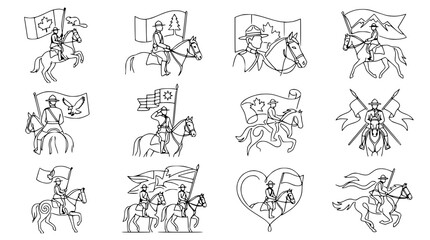 Fototapeta premium Canadian Mounties on Horseback with Flags - Line Art Collection
