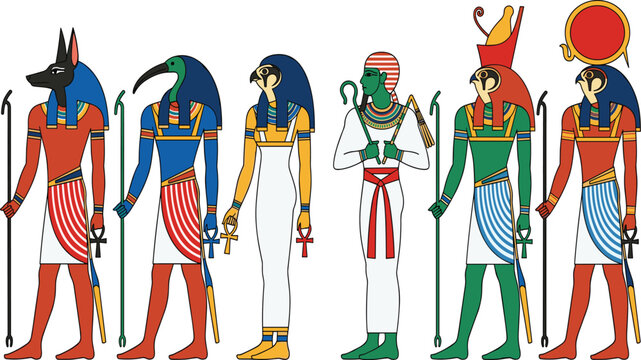 Ancient Egyptian Gods Set &ndash; Anubis, Thoth, Osiris, Horus, and Other Deities in Traditional Dress