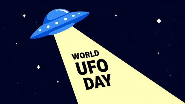 Ufo flying saucer animation with world ufo day text in a bright light beam against dark night sky