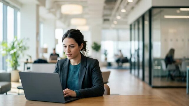 Modern office medium shot capturing a specialist monitoring automated claim prioritization on a laptop while surrounding workspace remains softly out of focus.