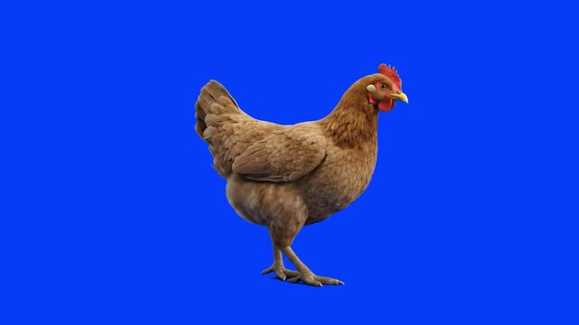 A realistic brown hen walks forward step-by-step across a solid blue chroma key backdrop. This detailed 3D animal animation loop is perfectly optimized for livestock farming concepts, agricultural com