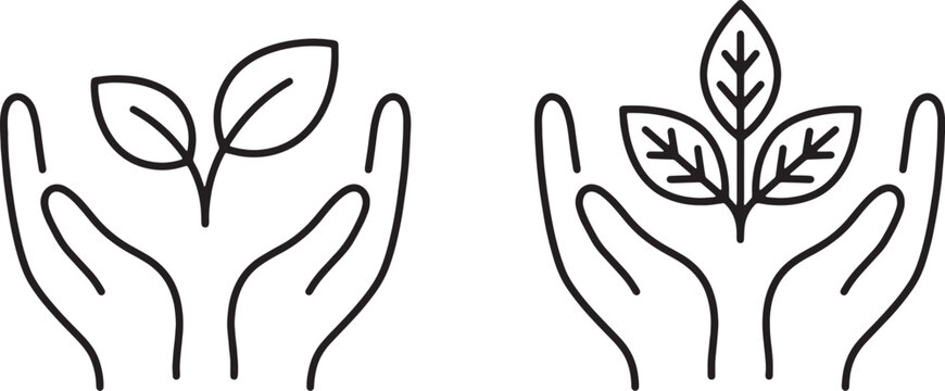 Art & Illustration, Caring human hands holding growing plant seedlings linear vector icons for environmental protection foundations and community forestry campaigns