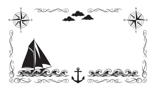 Nautical theme decorative frame with sail boat compass rose waves and anchor illustrations.