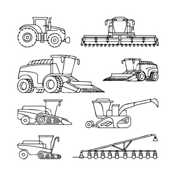Collection of agricultural machinery line art icons on white background tractor combine harvester