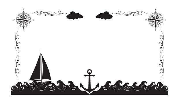 Nautical themed border frame featuring sail boat anchor waves clouds and compass rose icons.
