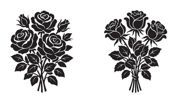 Floral rose bouquet silhouettes with detailed leaves and blooming flower head arrangements.