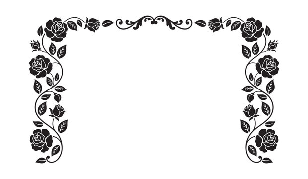 Black and white frame with rose flowers and leaves. decorative floral element for design. wedding invitation.