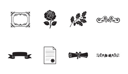 Funeral vector elements set for memorial announcement including frames rose and parchment. © MDIKRAM