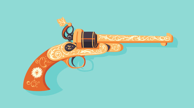 Ornate orange flintlock pistol with cream filigree engravings on teal background