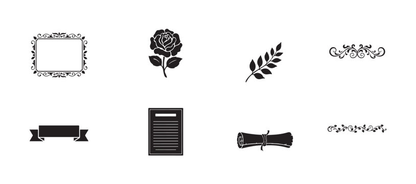 Classic memorial collection vector silhouette elements for funeral cards and announcements.
