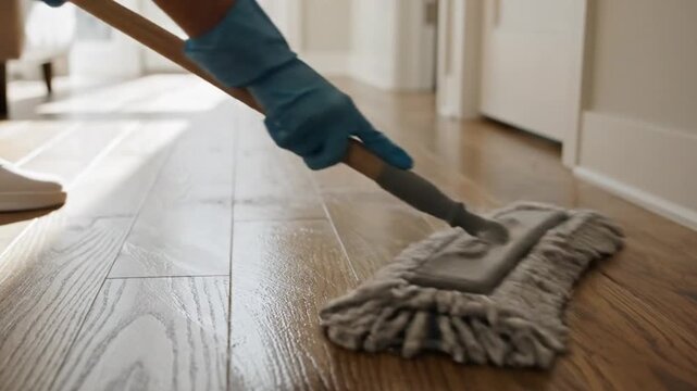 Low-angle close-up of a person using a microfiber mop to clean a modern wooden floor in a bright home interior. The footage represents household cleaning, hygiene, maintenance, and domestic care.