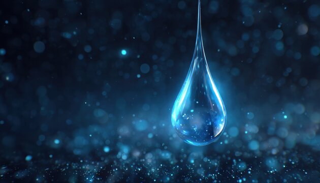 Luminous blue water droplet suspended in dark abstract environment