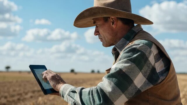 Medium shot of a farmer checking a rainfall index chart on a digital tablet with blurred arid farmland in the background symbolizing parametric indexbased agriculture fund payouts.