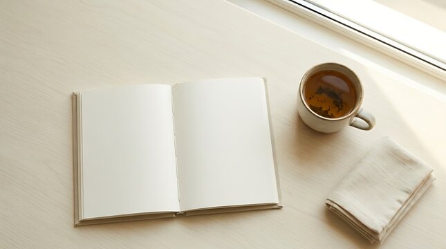 A serene morning scene with an open book, steaming coffee cup, and folded napkin on a table by the window.