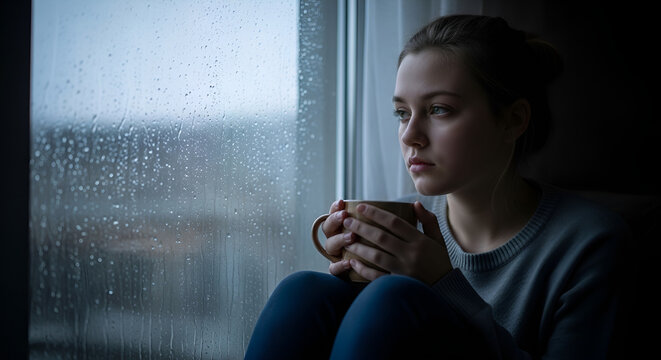 Young woman looking out rainy window holding a mug and feeling pensive