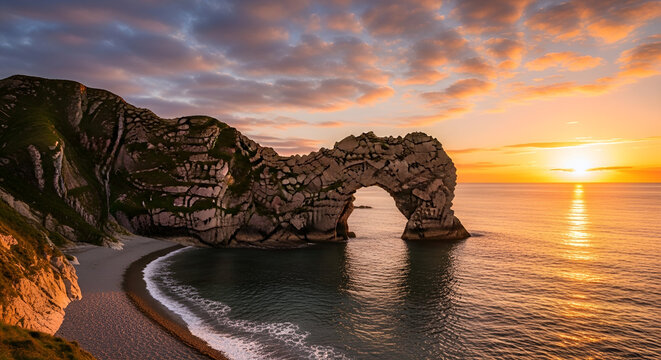 Golden sunset over Durdle Door natural rock arch and beach on the Jurassic Coast Dorset England