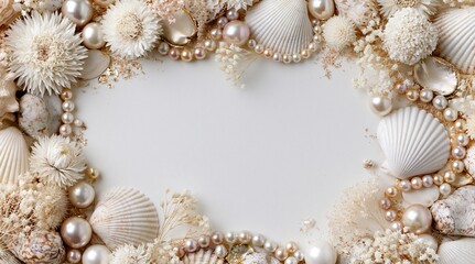 Obraz premium Vintage seashell and pearl frame with floral decoration